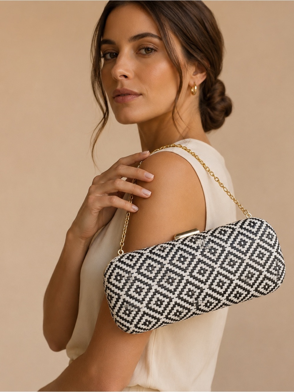 Woven Diamond Pattern Black & White Clutch with Gold Chain
